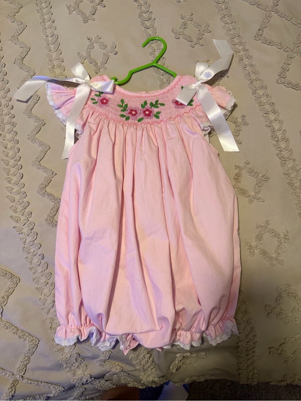 Pink Smocked Flower Baby Bubble with Bows